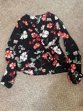 Express Black Floral Wrap Top with Red & White Blooms